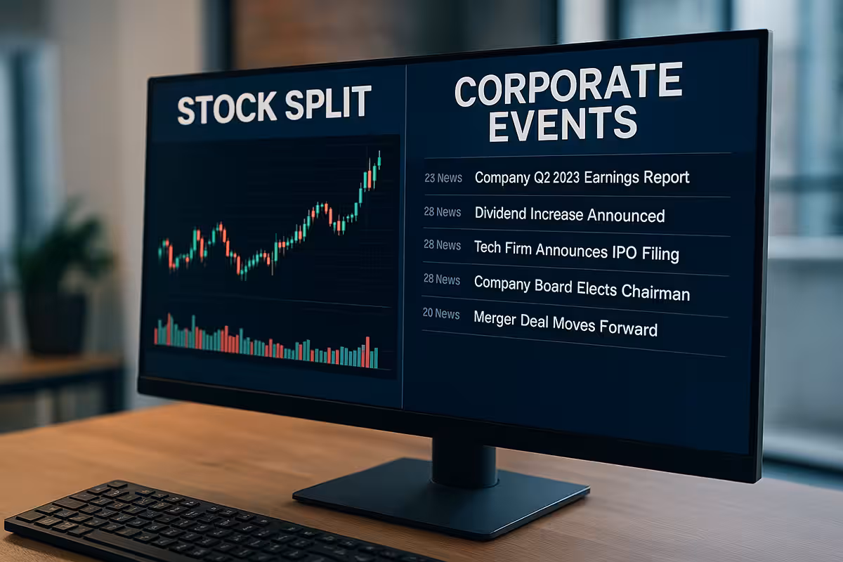 Photorealistic image showing a widescreen monitor displaying stock split data and corporate events updates, symbolizing the impact of splits and company actions on trading decisions.