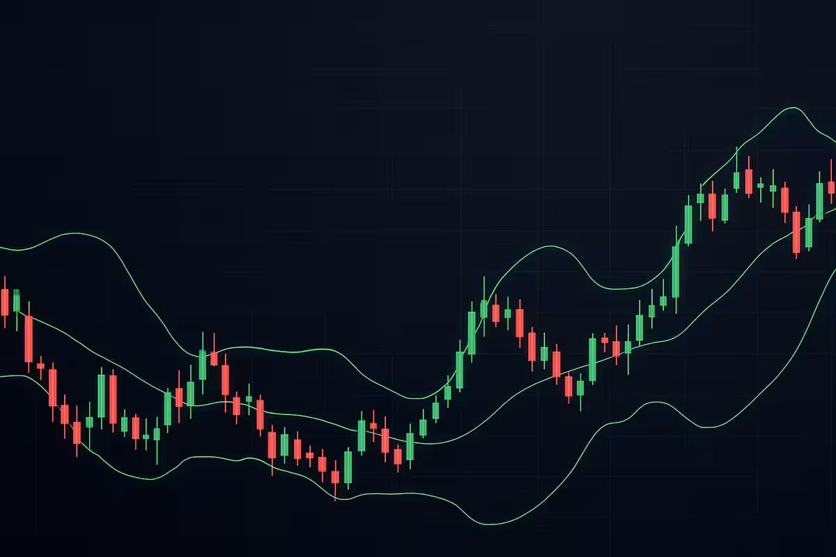Digital financial chart showing candlestick price movements overlaid with glowing green Bollinger Bands on a dark grid background. The three bands — a central moving average and two outer lines — expand and contract around the candles, illustrating price volatility and potential breakout zones. The chart is centered and clean with no text or interface elements.