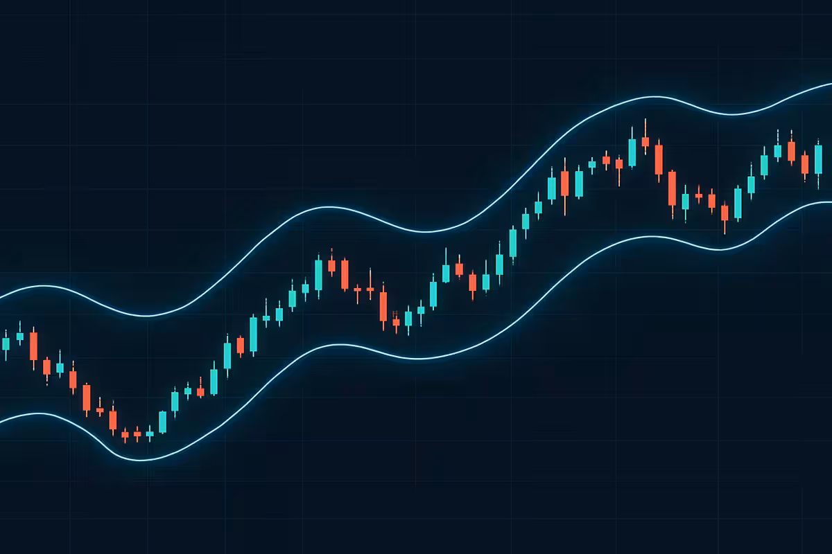 Digital financial chart showing candlestick price movements overlaid with glowing blue Keltner Channels on a dark grid background. The central line represents the exponential moving average, with two outer bands marking the average true range.