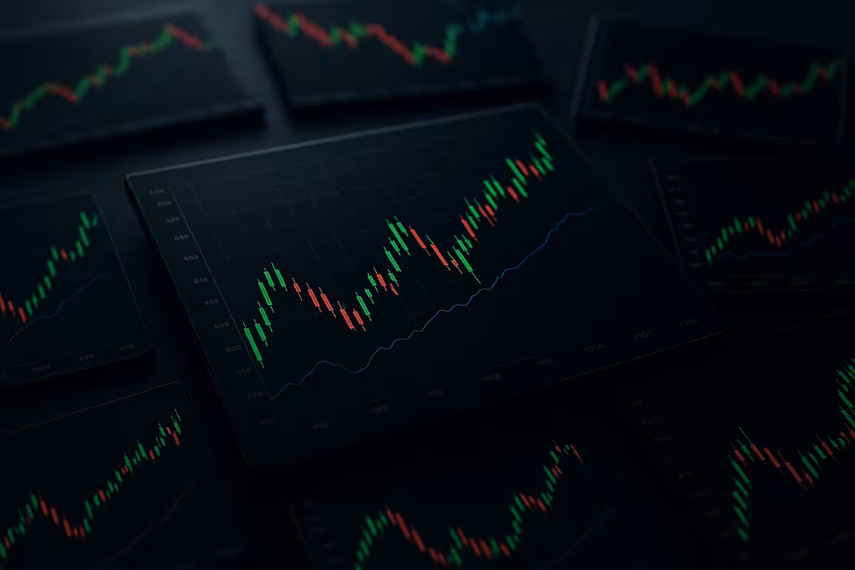 Photorealistic image of multiple financial charts with green and red candlestick patterns and trend lines, symbolizing converging and diverging market correlations in trading.