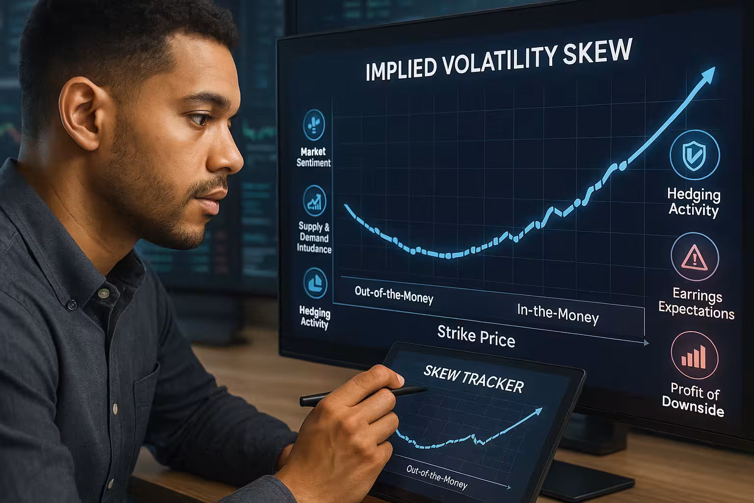 A highly realistic digital illustration of a trader analyzing a non-uniform digital options pricing chart labeled “Implied Volatility Skew.” The chart features a curved line spanning multiple strike prices, clearly illustrating how implied volatility fluctuates across out-of-the-money and in-the-money options. The line dips in the middle and rises steeply on one side, visually depicting skew. The trader is a young, mixed-race man with short dark curly hair and a neatly groomed beard, seated at a sleek desk in a modern trading environment. He uses a stylus on a digital tablet labeled “Skew Tracker,” which mirrors the chart on the large screen in front of him. *Floating holographic icons surround the screen and tablet, representing contributing factors: “Market Sentiment” “Supply & Demand Imbalance” “Hedging Activity” “Fear of Downside” “Earnings Expectations”* The background includes monitors displaying real-time Bitcoin and options market data, with subtle bullish and bearish chart patterns in red and green. The scene is set in a high-tech, professional trading room with cool lighting and a focused, analytical mood.