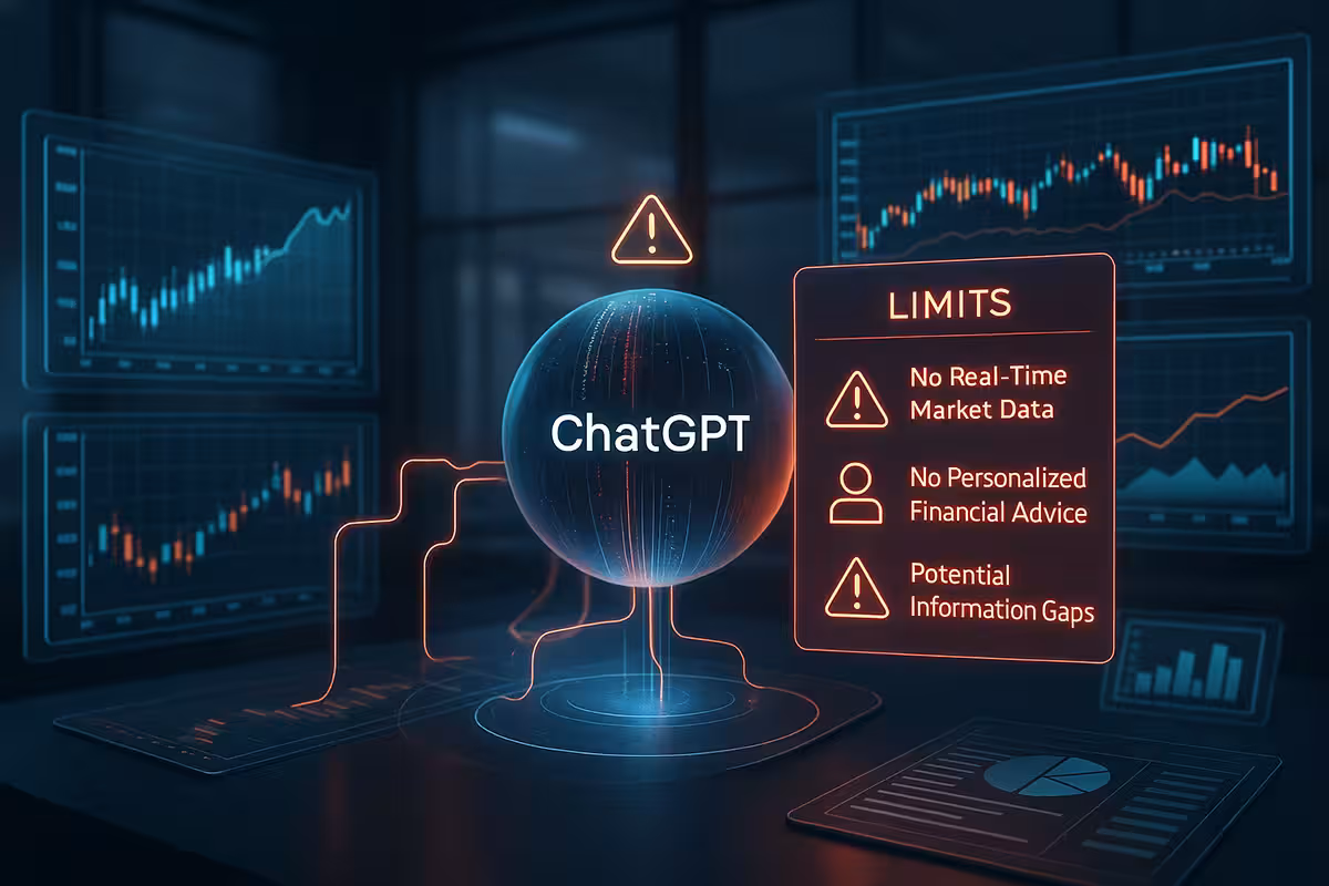 A highly realistic, futuristic digital illustration inside a sleek AI-powered trading room. A glowing holographic orb labeled 'ChatGPT' floats above a high-tech desk. To the right, a red-lit panel titled 'LIMITS' lists: 'No Real-Time Market Data,' 'No Personalized Financial Advice,' and 'Potential Information Gaps,' with warning icons. Surrounding the orb, multiple blue-toned holographic screens display market charts and graphs. Flowlines connect the orb to the charts but appear broken or faded, highlighting its limitations. Atmosphere is cool, high-tech, and slightly cautionary.