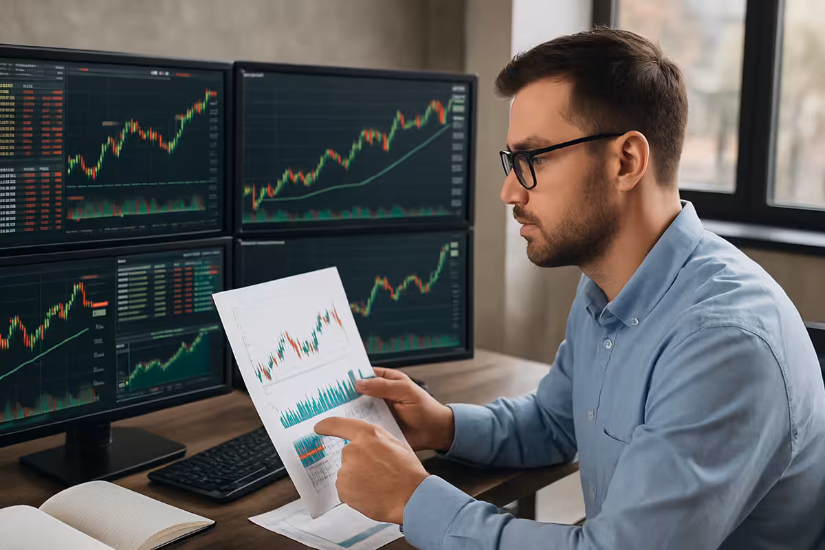 Photorealistic image of a quant trader working at a desk with multiple monitors displaying charts, code, and data analysis tools in a modern office setting