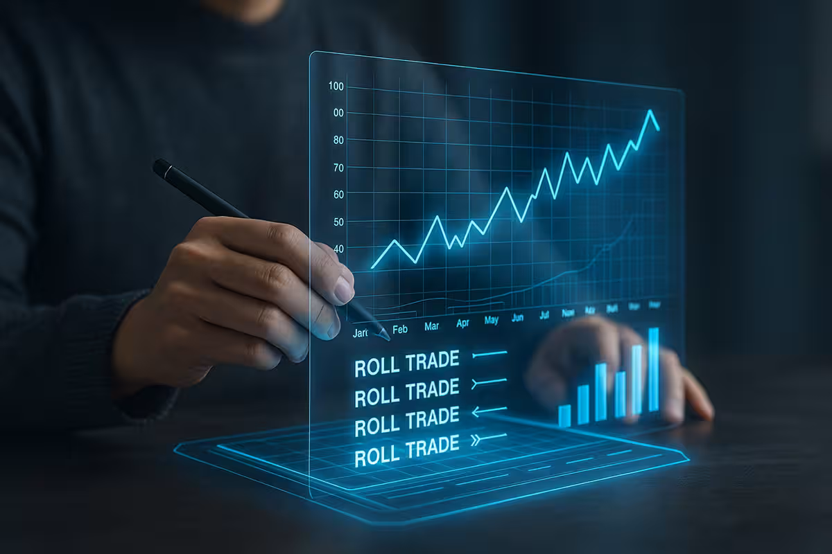 Person interacting with a futuristic holographic display showing options trade rolling data and charts.