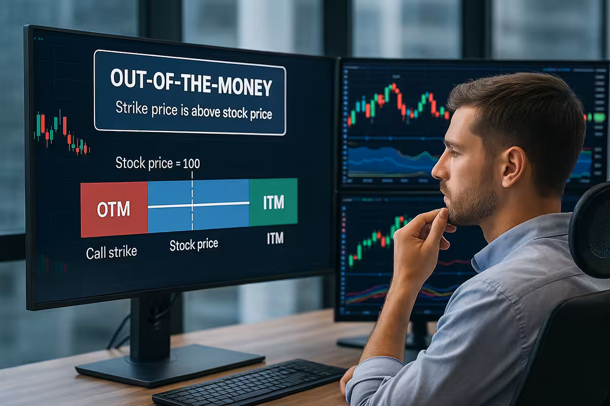 Photorealistic widescreen image of a trader analyzing an options chain on a laptop screen, highlighting strike prices and a label for “out-of-the-money” status, in a modern office environment