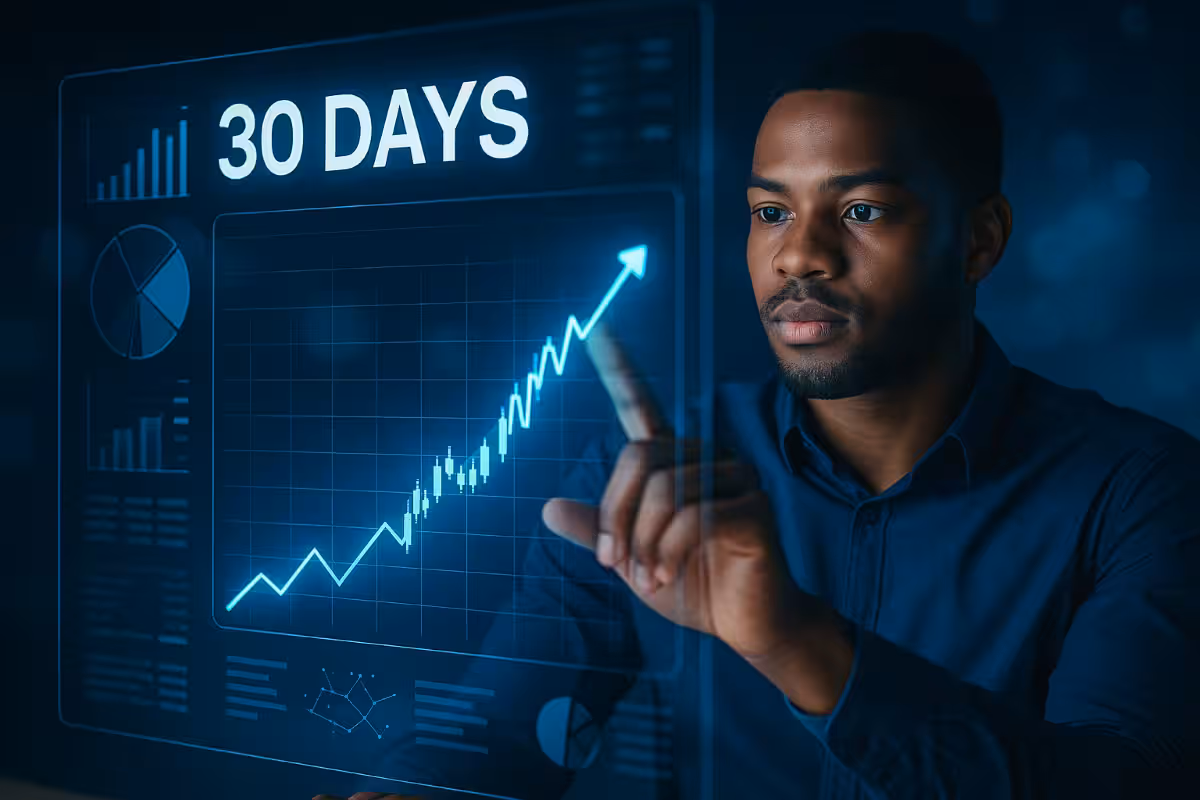 Photorealistic image of a man analyzing financial data on a futuristic holographic display with charts and a rising trend line, representing progress and success after 30 days of options trading practice.