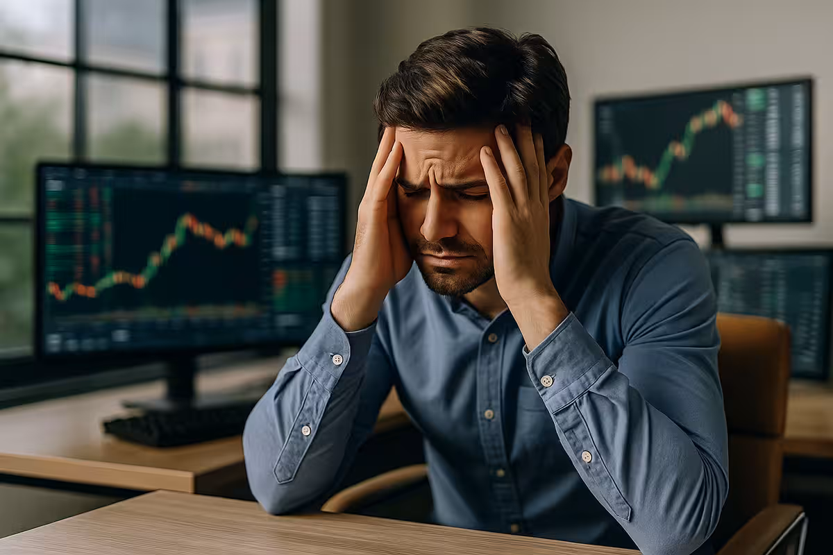 Photorealistic image of a young trader experiencing FOMO while watching rising stock charts on multiple monitors, symbolizing emotional stress during trading decisions.