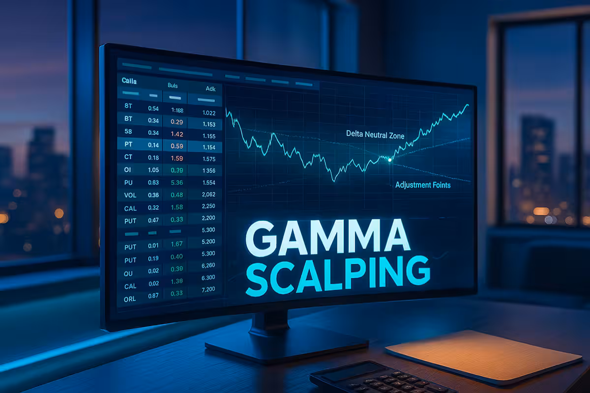 A widescreen photorealistic image of a futuristic trading setup in a high-rise apartment at dusk. A curved monitor on a sleek dark desk displays a glowing financial interface with a gamma scalping chart. The chart features real-time price movement, labeled "Delta Neutral Zone" and "Adjustment Points," alongside an options chain on the left. The large, bold text “GAMMA SCALPING” appears at the bottom of the screen. The background shows city buildings through tall windows, softly illuminated by ambient blue lighting. The scene is clean, modern, and high-tech, with no clutter or personal items visible.