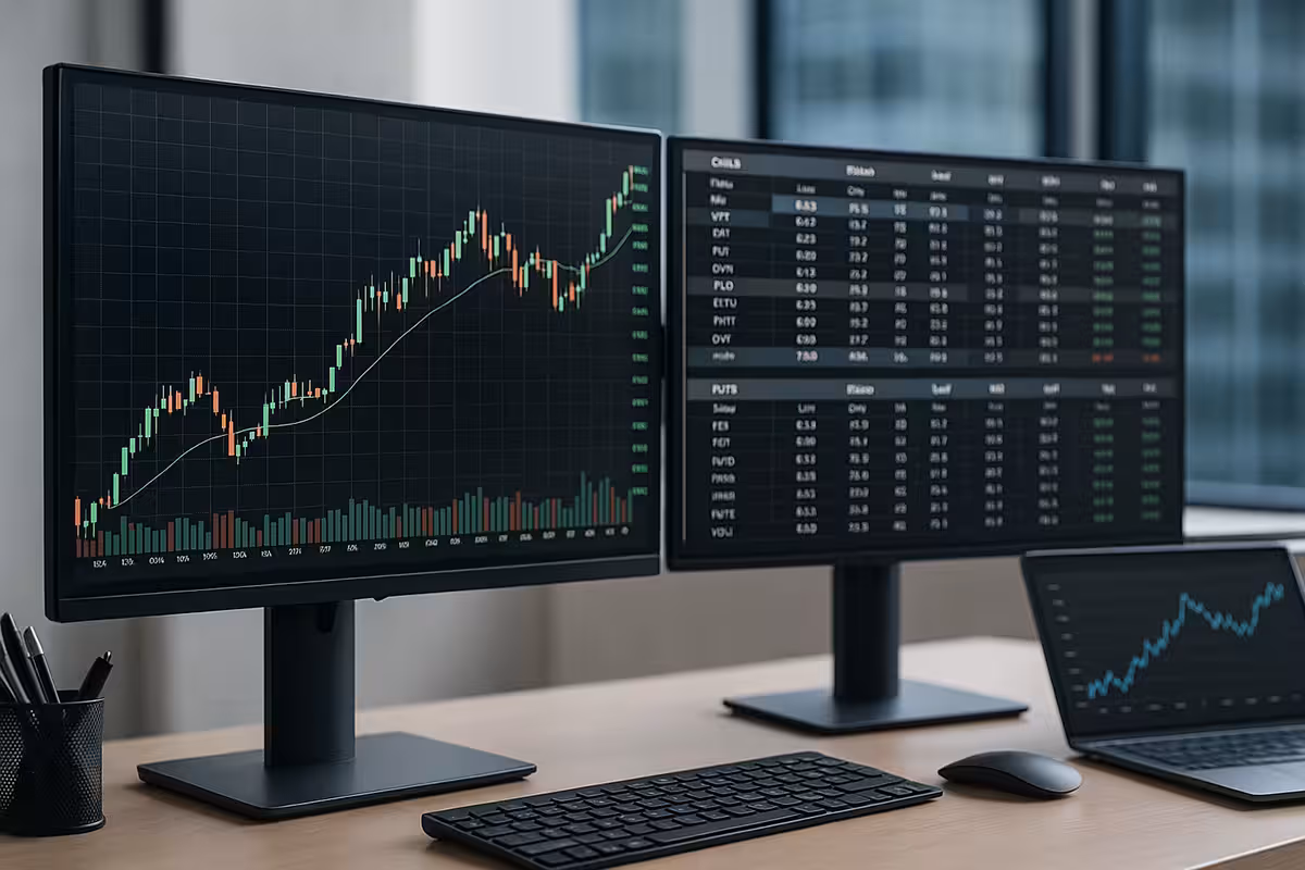 Close-up photorealistic widescreen image of a modern trading desk in a bright office, featuring large monitors with candlestick charts, option chains, and financial data, emphasizing clarity and workspace details without any traders visible.