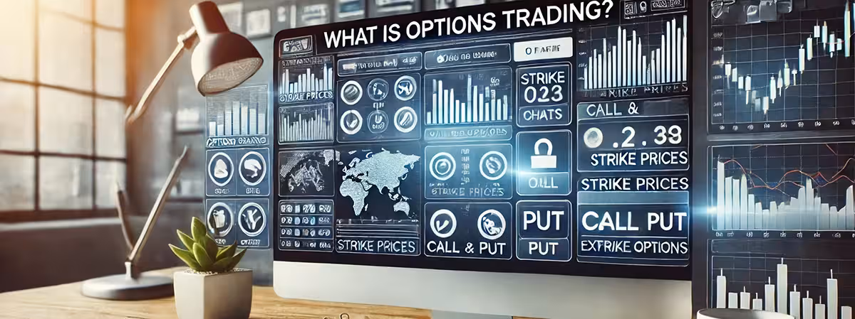 Large computer screen shows "What is Options Trading?" with charts, graphs, and trading symbols, suggesting a financial analysis theme. Desk lamp and plant nearby.