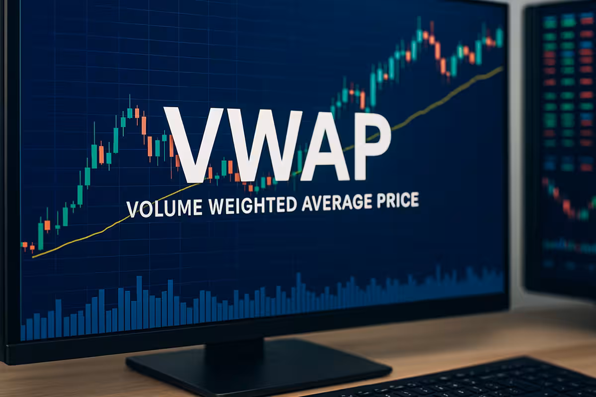 Photorealistic widescreen image of a confident trader analyzing VWAP data on multiple monitors in a modern office, with candlestick charts and trend lines displayed.
