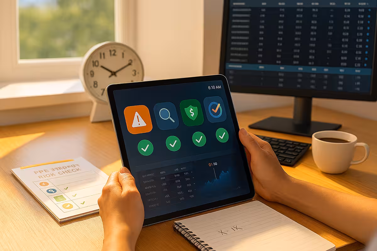 A hyper-realistic vertical image of a trader's early morning workspace bathed in warm sunlight from a window. A tablet is held in both hands, displaying colorful icons for risk alerts, position review, capital protection, and volatility—no text. A ceramic mug, printed checklist, clock showing 9:10 AM, and a muted options chain on the monitor complete the calm and focused scene. Bright, natural lighting emphasizes discipline and pre-market clarity.