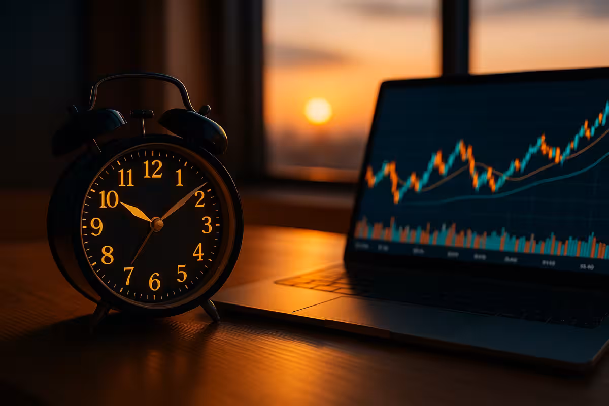Photorealistic image of an alarm clock showing 7:30 AM next to a laptop with stock charts, representing the ideal time to start a pre-market trading routine.