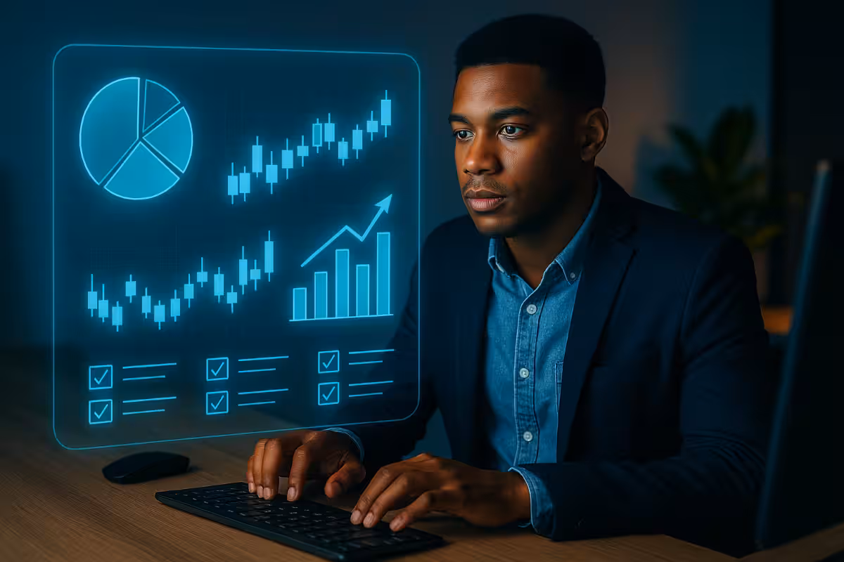 Photorealistic image of a professional trader using a holographic interface with glowing financial charts and data, symbolizing modern trading technology and actionable insights.
