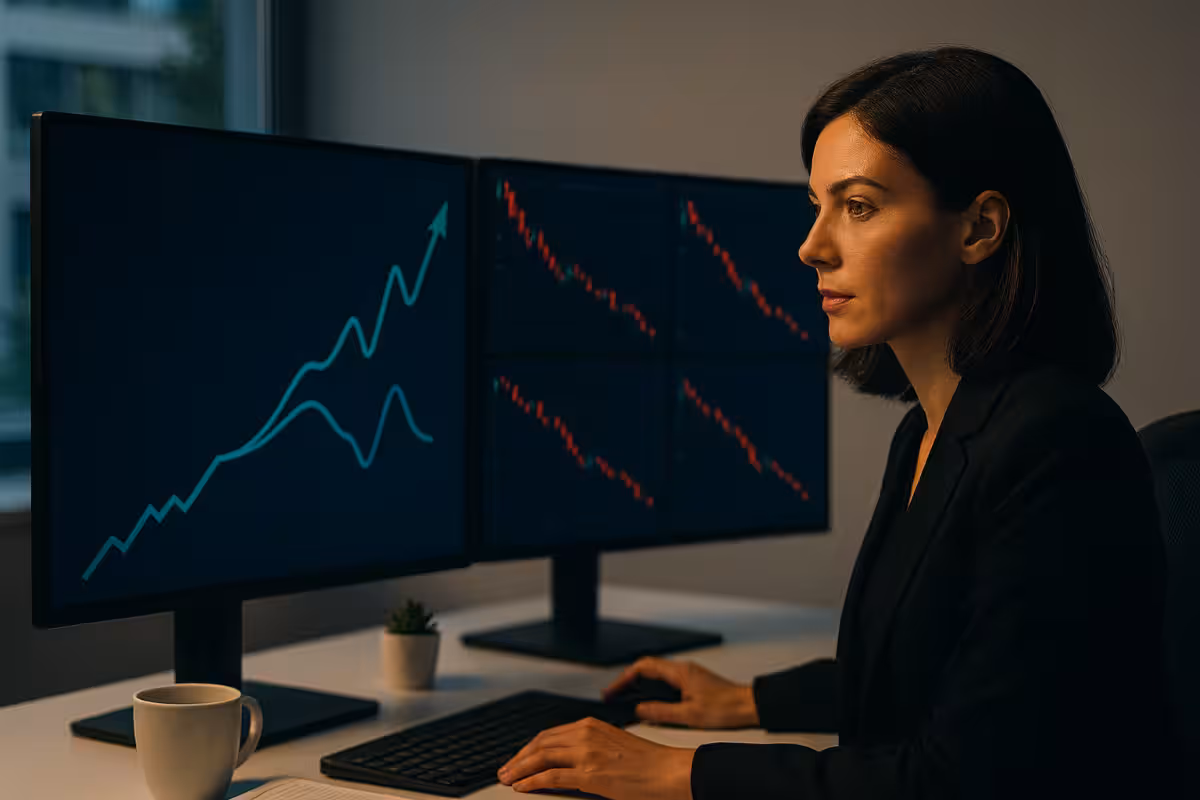Photorealistic image of a man studying holographic financial charts showing correlation lines and data on a blue background.