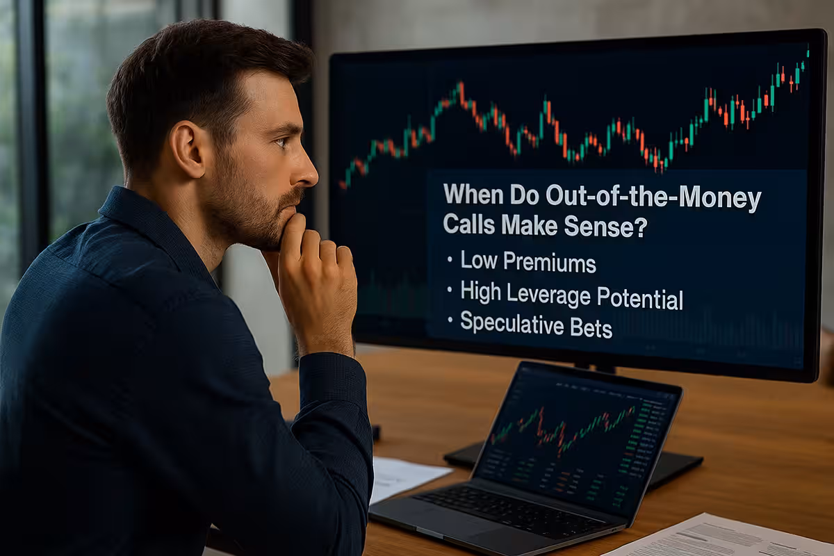 Photorealistic widescreen image of a trading desk with bright morning light, featuring charts showing upward momentum, symbolizing favorable timing for out-of-the-money call options