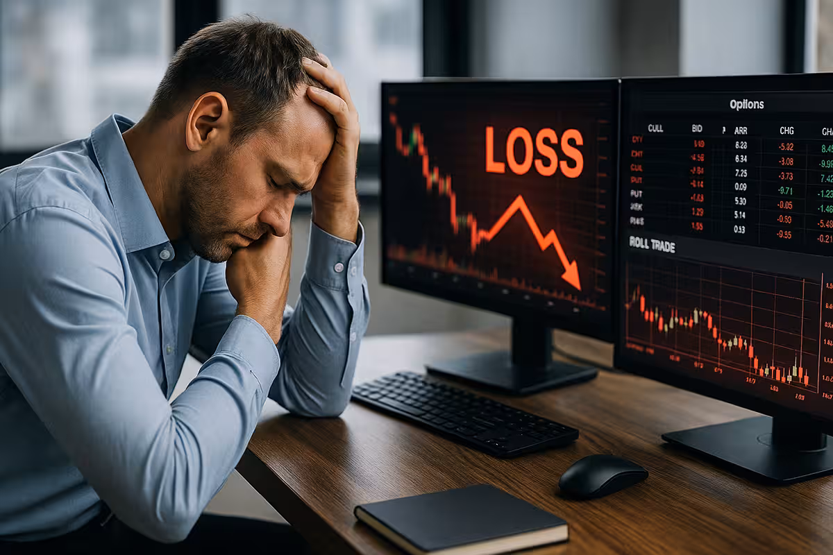 Middle-aged trader at desk with multiple monitors showing red charts, stressed expression reflecting when not to roll a losing trade.