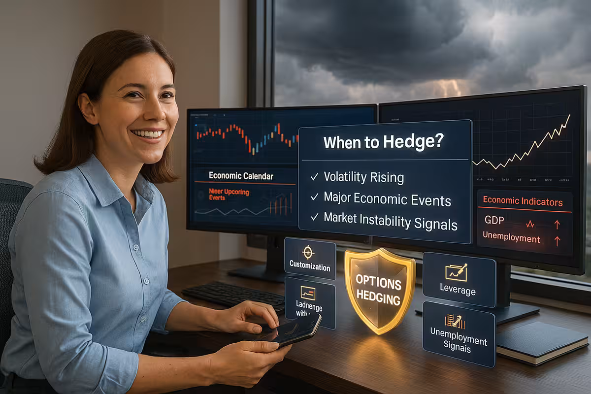 A highly realistic digital illustration of a modern trading desk setup during a stormy market environment. A confident, optimistic young female trader with shoulder-length brown hair and light skin sits on the left side of the frame. She is smiling warmly, wearing a light blue button-down shirt, and holding a smartphone while monitoring her trading screens. *At the center, three glowing monitors display key hedging indicators: “When to Hedge?” checklist featuring: Volatility Rising Major Economic Events Market Instability Signals An “Economic Calendar” screen showing upcoming market events. “Economic Indicators” panel tracking GDP and Unemployment rates.* *A glowing shield in the middle foreground is labeled “Options Hedging,” with floating, minimalistic icons around it showing: Customization Leverage Unemployment Signals* Behind her, a window shows a dramatic cloudy sky with flashes of lightning, symbolizing looming market turbulence. Despite the intense atmosphere outside, the mood inside is empowered, professional, and positive—highlighting preparedness and smart trading strategies.