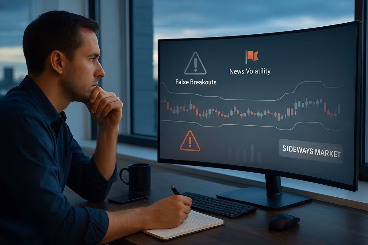 A photorealistic image of a male trader sitting at a modern desk beside a large window at dusk, thoughtfully observing a curved monitor. The screen displays a flat candlestick chart within Donchian Channels, highlighting a sideways market. Overlaid warning icons indicate "False Breakouts," "News Volatility," and "Sideways Market." The room is softly lit with natural blue-gray tones, and a notebook, smartphone, and coffee mug sit on the desk, reinforcing a mood of caution and analysis.