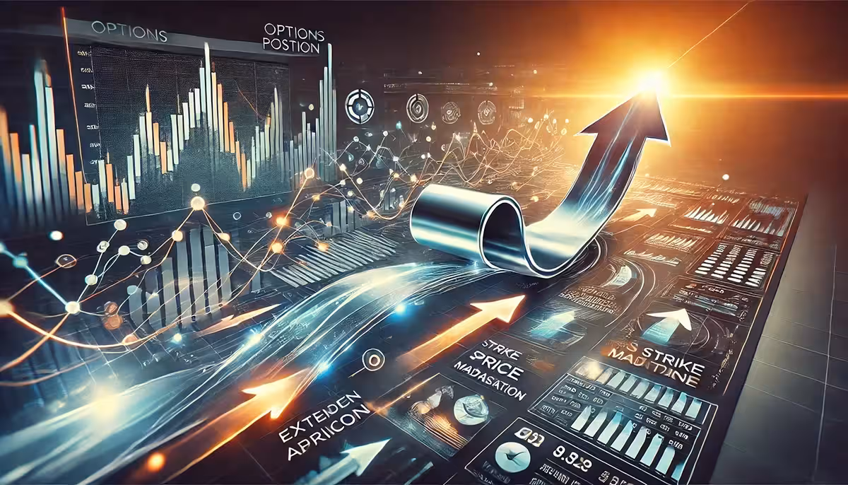 Futuristic financial dashboard with glowing charts and graphs. A silvery arrow curves upward toward a bright light, symbolizing growth and innovation.