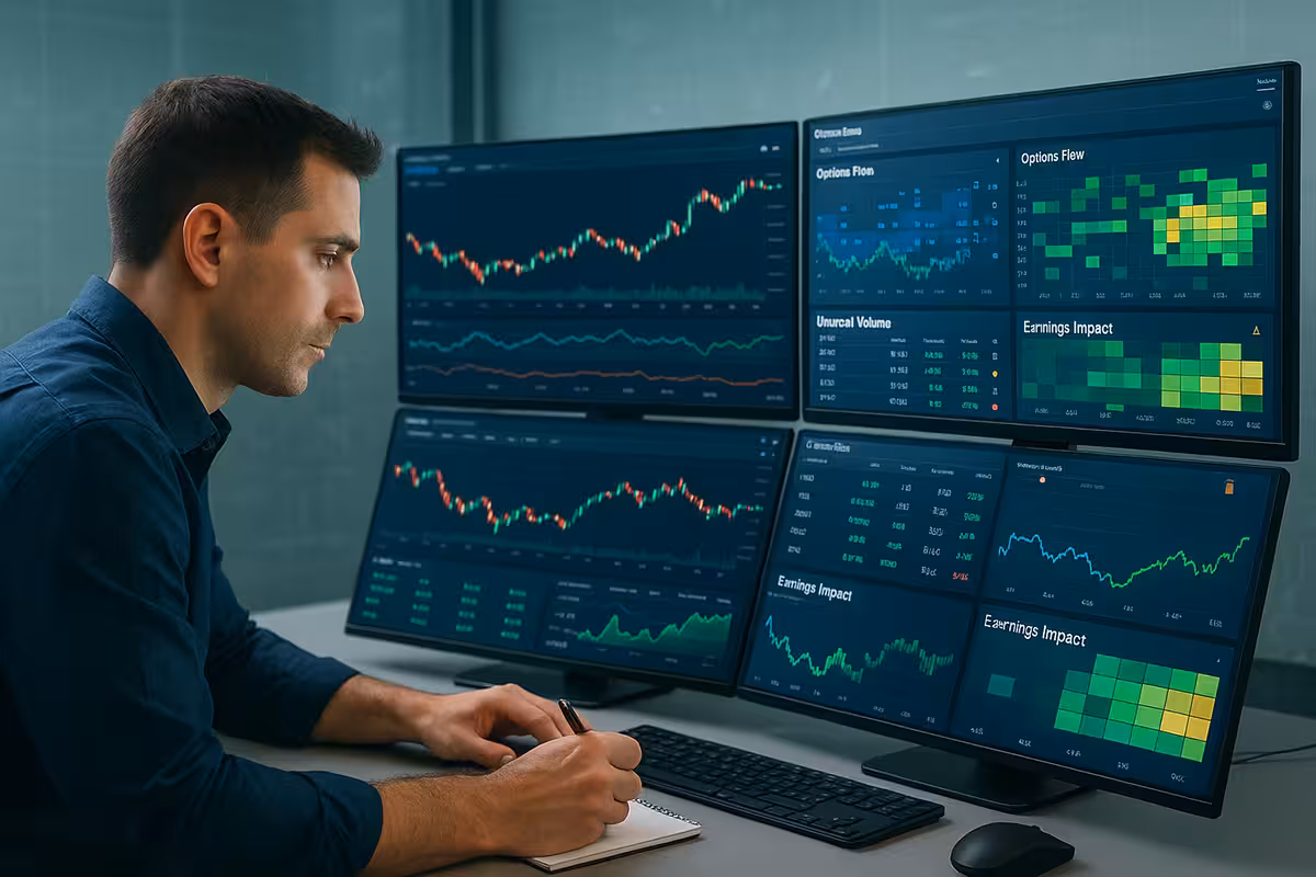 A bright, modern trading office with a focused male options trader seated at a desk, analyzing multiple high-resolution monitors. Each screen displays financial data including candlestick charts, options flow diagrams, unusual volume heat maps, and earnings impact visuals. The trader, wearing a dark blue shirt, is writing in a notepad while intently observing market trends. The well-lit environment enhances the clarity of the sleek, data-rich interface, emphasizing a professional and analytical atmosphere.