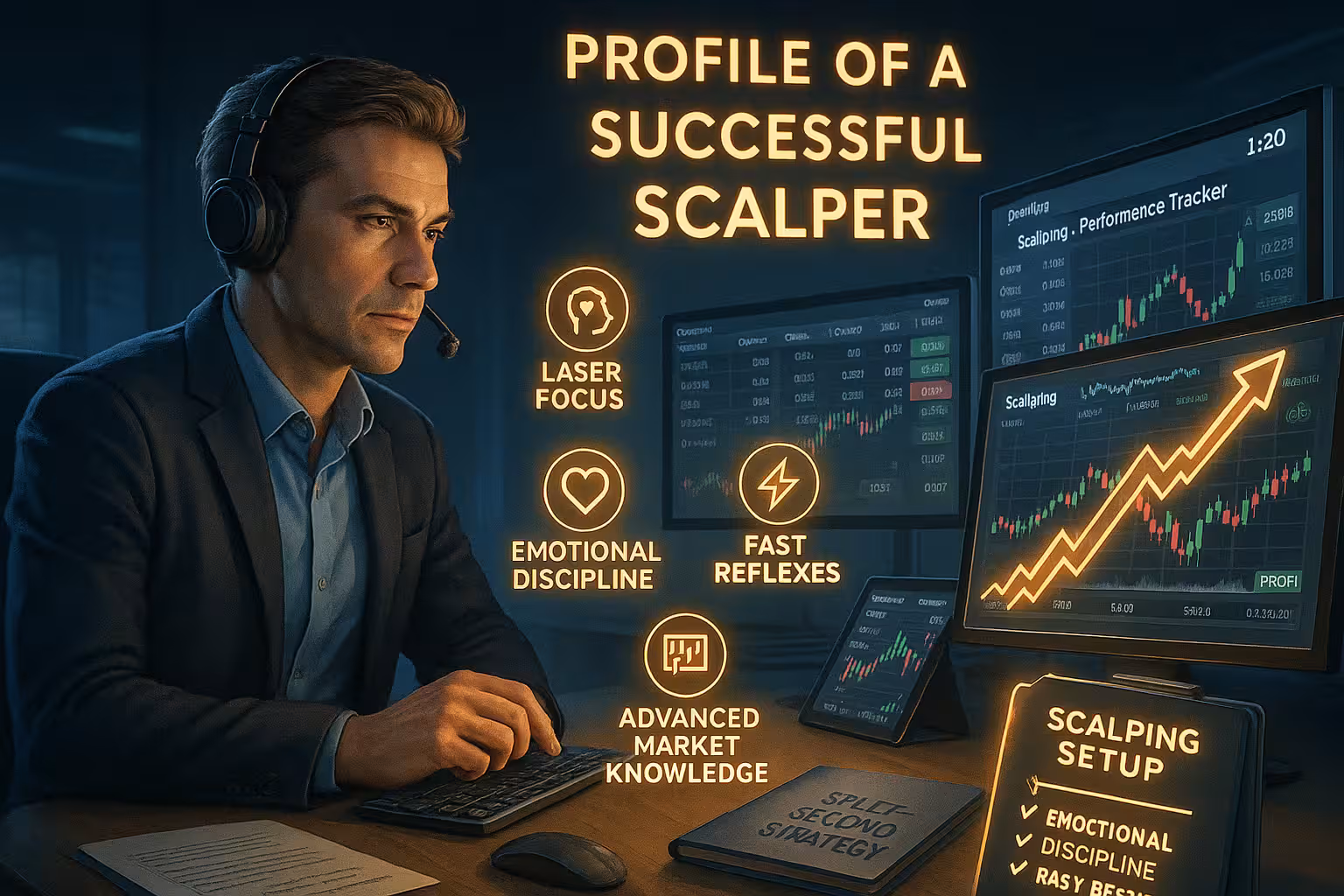A highly realistic digital illustration of a seasoned options trader placed on the left side of a sleek, modern trading setup. The trader is intensely focused, calmly executing rapid trades across a multi-monitor workstation filled with glowing charts, options chains, and a scalping performance tracker. Surrounding the trader are holographic icons representing elite scalping traits: “Laser Focus,” “Emotional Discipline,” “Fast Reflexes,” “Pattern Recognition,” and “Advanced Market Knowledge.” Above the setup, a digital overlay reads: “Profile of a Successful Scalper.” The lighting is sharp and dynamic, emphasizing the trader’s attention and strategic mindset. Subtle visual cues like a timer, headset, and a notepad titled “Split-Second Strategy” enhance the environment. The right side of the composition leaves room for visual balance, reinforcing the trader’s commanding presence on the left.
