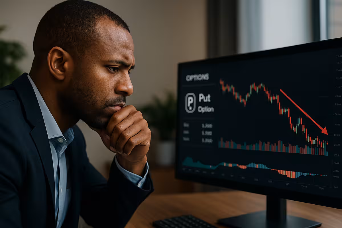 Photorealistic image showing an African-American trader analyzing market charts, symbolizing the reasons for buying a put option.