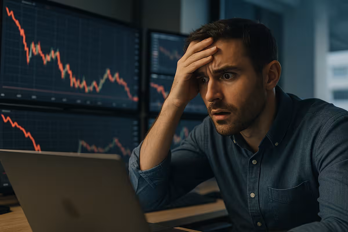 Photorealistic widescreen image of a young trader overwhelmed by FOMO, holding his head in frustration while watching missed profit opportunities on market charts across multiple monitors