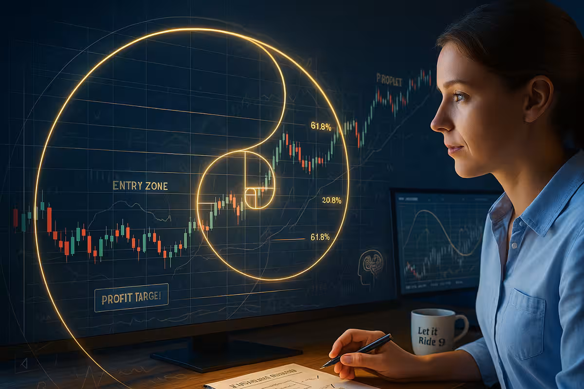 A photorealistic image of a female trader in a light blue shirt intently studying a glowing Fibonacci spiral overlaid on a high-resolution candlestick chart. The chart displays clearly marked Fibonacci retracement levels at 23.6%, 38.2%, 50%, and 61.8%, with annotations such as 'Entry Zone', 'Profit Target', and 'Volatility Alert'. The trader holds a pen above a strategy worksheet, with a coffee mug labeled 'Let it Ride ☕' nearby. The spiral aligns with key price reversal points, glowing in gold against a deep blue financial interface, symbolizing her understanding of Fibonacci principles in market analysis.