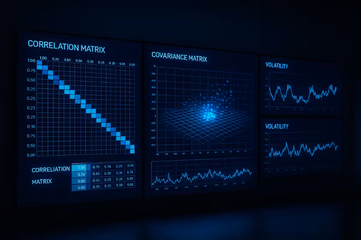 A photorealistic widescreen display wall in a dark quant lab showing glowing blue correlation matrices, covariance data, and volatility charts across multiple digital panels.