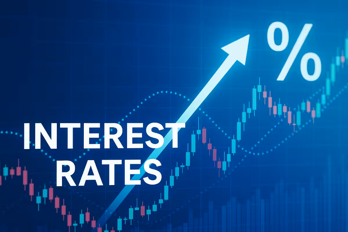 Digital stock chart rising with interest rate percentage symbol, representing the impact of interest rates on financial markets.
