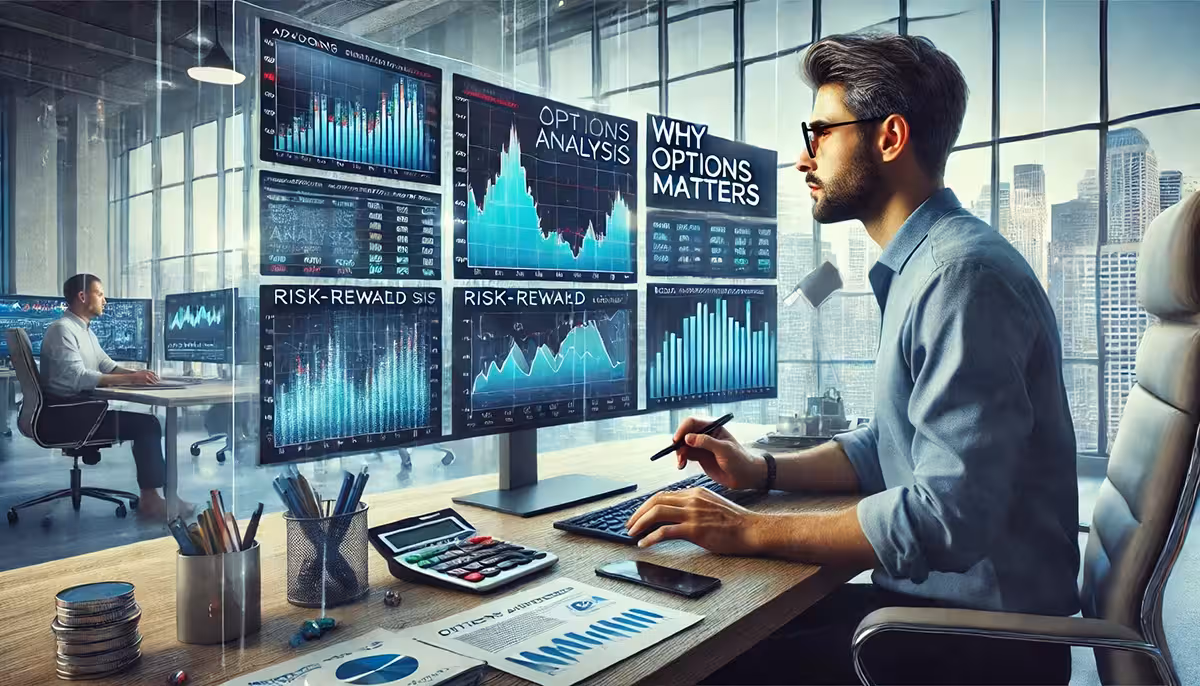 A man in an office analyzes financial charts on multiple screens labeled "Options Analysis." The room is modern, with natural light and city views.