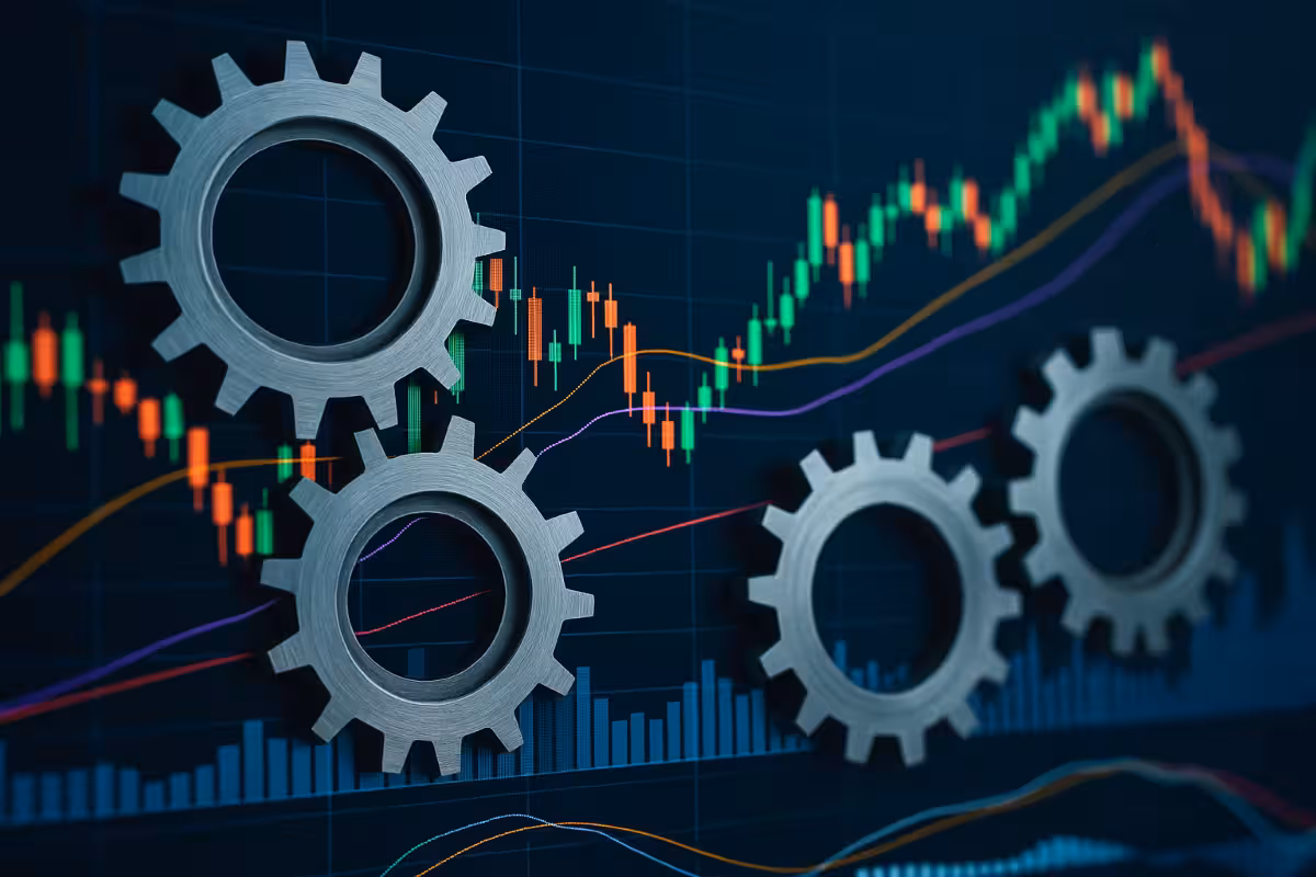 Photorealistic image of interlocking gears overlaid on a volatile stock chart, symbolizing how options strategies can break down under sudden market stress.