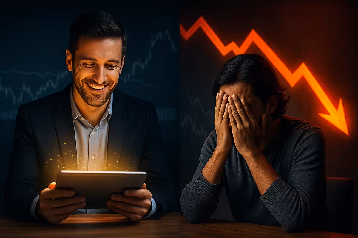Two traders showing contrasting outcomes of options trading during a market crash: one illuminated by success and growth, the other appearing stressed but not crying, symbolizing risk and reward.