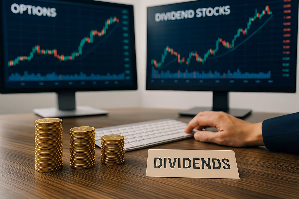 Modern financial workspace with dual monitors displaying dividend stock performance and options trading data, alongside neatly stacked dividend coins, symbolizing why options and dividend stocks work well together.