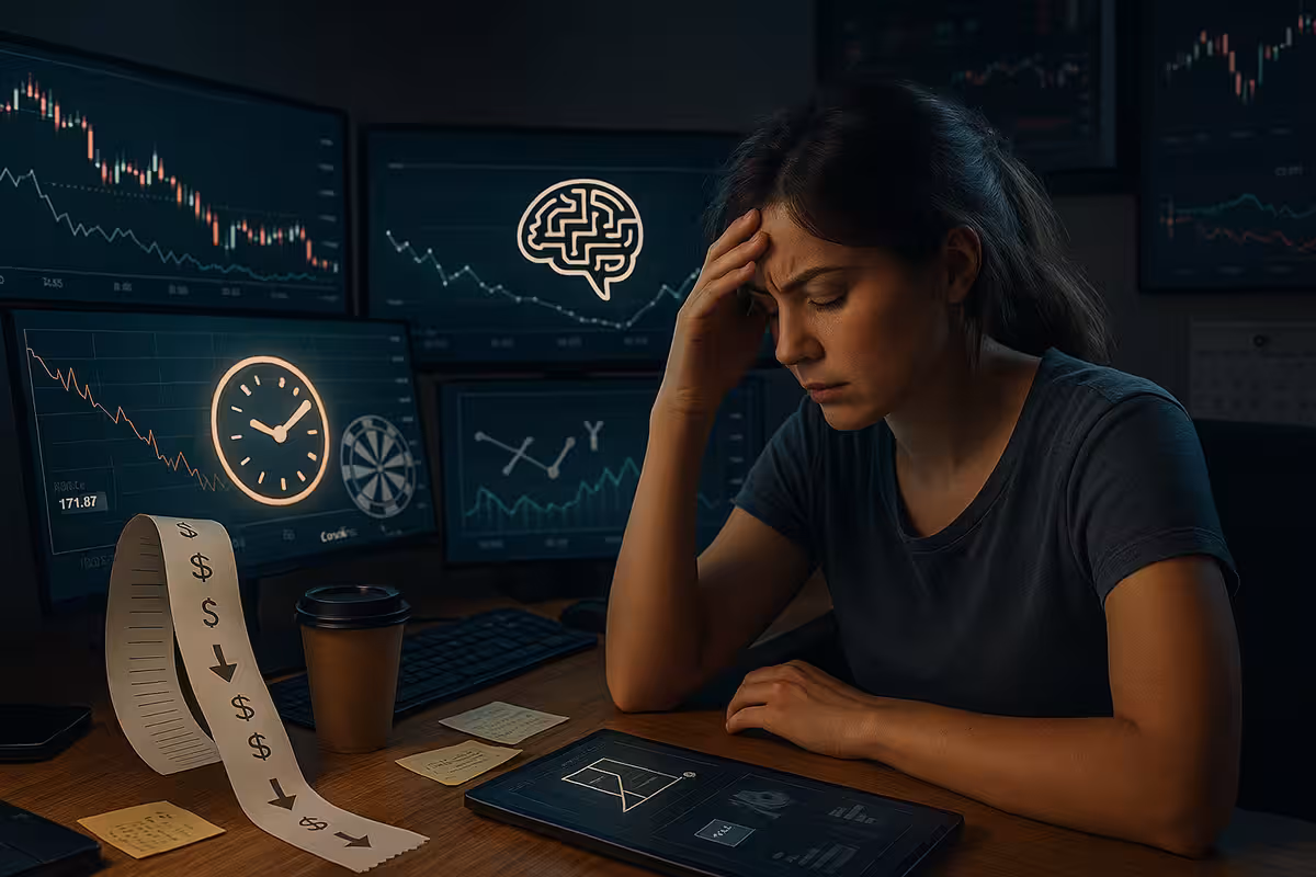 A realistic vertical digital photograph of a tired young female options trader at a cluttered desk in a dimly lit room. She rests her head on one hand, clearly fatigued, surrounded by glowing monitors with declining charts, a tablet, receipt-like paper with dollar signs and downward arrows, and a shaky stack of coins. Symbols for excessive fees and risk appear subtly in the scene. Background conveys late-night stress and overtrading fatigue.