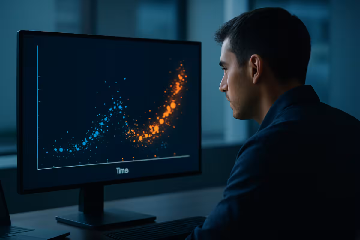 A photorealistic widescreen image of a trader in a modern office analyzing a monitor displaying glowing residual trade clusters and anomalous institutional patterns on a financial chart.