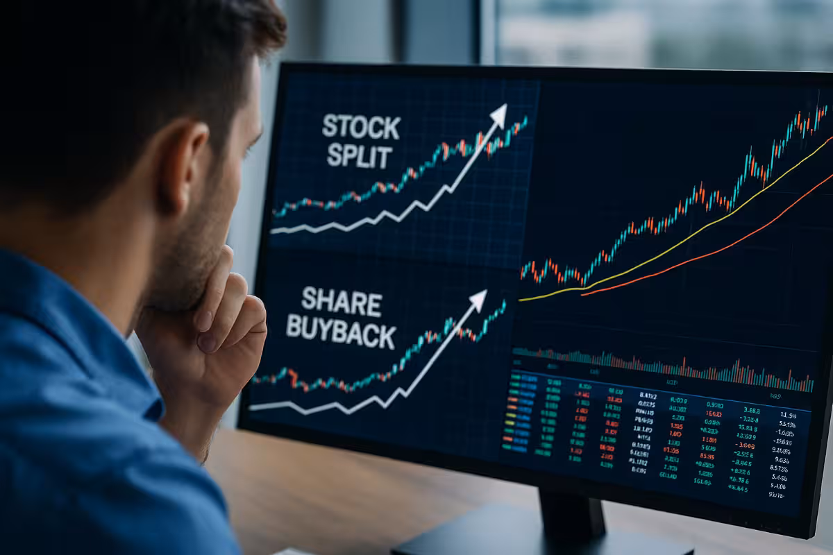 Trader analyzing rising stock charts related to stock splits and buybacks on a computer screen.