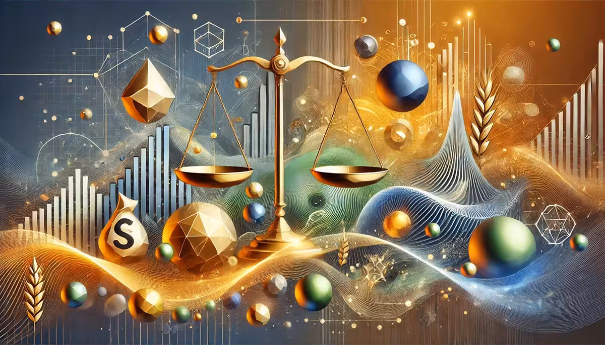 A golden balance scale is surrounded by geometric shapes, graphs, and swirling waves, symbolizing harmony in finance. Bright, dynamic, and futuristic.