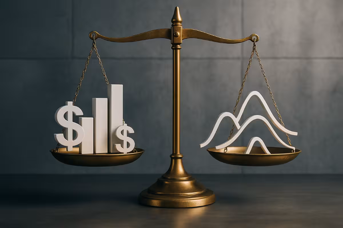 A photorealistic image of golden scales balancing traditional financial symbols on one side and curved option risk-profile shapes on the other, symbolizing why risk parity needs options.