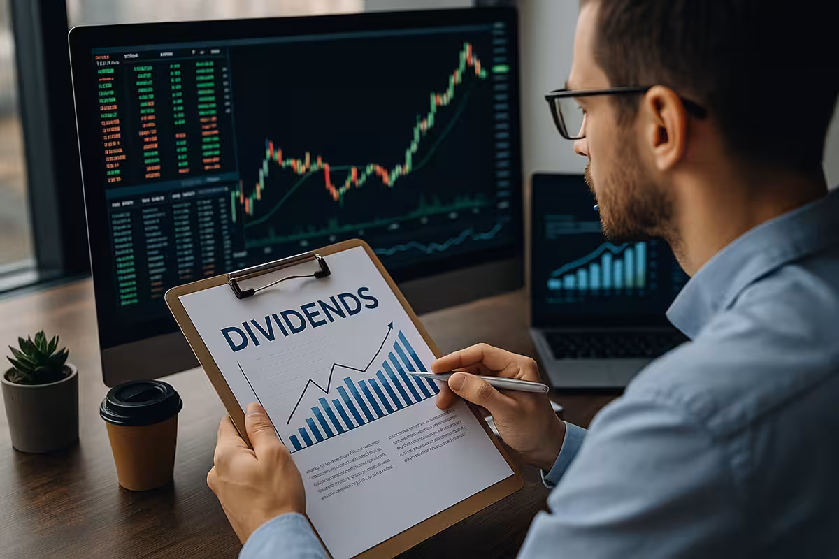 Photorealistic trading workspace with charts and stock data, highlighting dividend capture using options strategies.