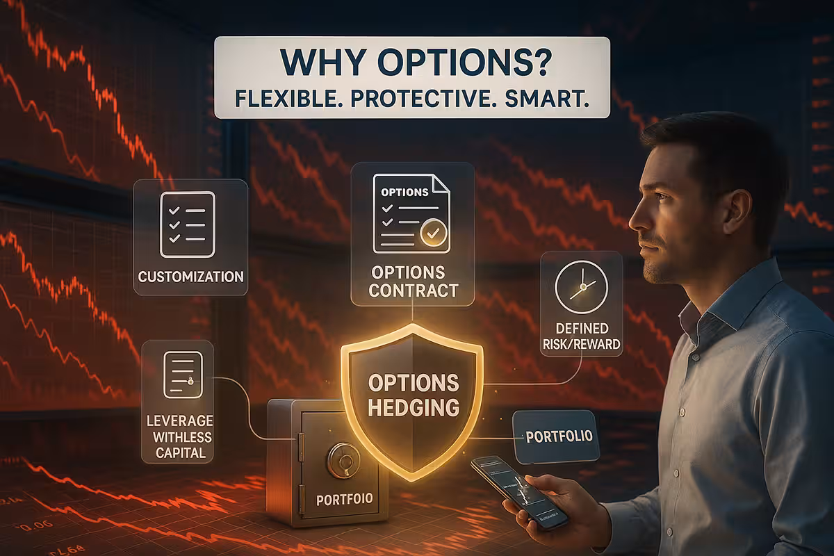 A highly realistic digital illustration of a dynamic financial trading scene during a simulated market crash. Red candlestick charts are plunging across large digital monitors, creating a backdrop of market turbulence. In the foreground, a calm, composed male trader in his mid-30s, with short dark hair and wearing a light blue button-down shirt, stands confidently holding a smartphone displaying portfolio data. *At the center of the scene, a glowing golden shield labeled “OPTIONS HEDGING” protects a strong digital vault labeled “PORTFOLIO.” Floating holographic icons surround the shield, each connected by clean lines, symbolizing key benefits of options trading: “Customization” (with a checklist icon) “Leverage with Less Capital” (with a document icon showing strike and expiration) “Options Contract” (with a certified document icon) “Defined Risk/Reward” (with a balance scale icon)* A clear, glowing banner at the top reads: “WHY OPTIONS? FLEXIBLE. PROTECTIVE. SMART.” The tone is empowering, focused, and professional, highlighting how strategic options hedging shields a portfolio against market downturns. The style is sharp, realistic, and data-driven, with strong contrasts between the bright protected core and the chaotic red market background.