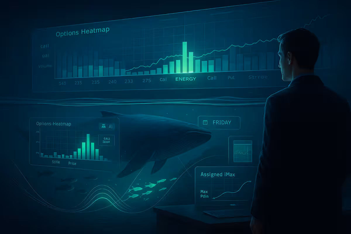 A vertical, cinematic digital illustration (~1024×1536) in cool blues and greens. Top: glowing options heatmap focused on the energy sector with bright call volume spikes and upward-trending lines. Middle: a massive whale swims just below the water surface, tethered to chart spikes by glowing arcs. Bottom: a retail trader in silhouette observes the scene from a desk, glowing screen in hand. Small glowing fish trail the whale upward. Mood: immersive, data-rich, symbolic of smart money influence.