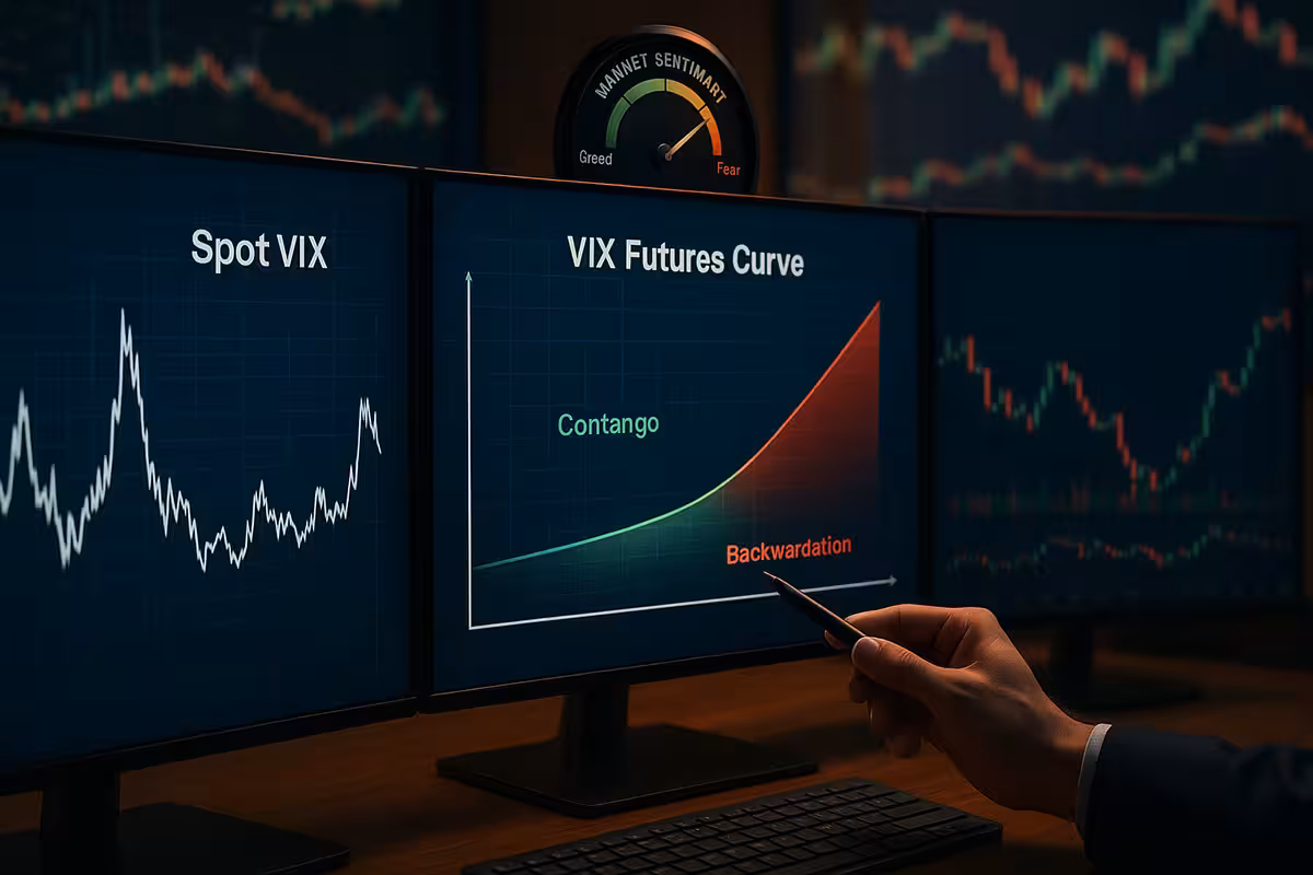 Trader at a desk points to a VIX futures curve on a monitor, showing contango and backwardation. Other screens display Spot VIX and market sentiment gauge.