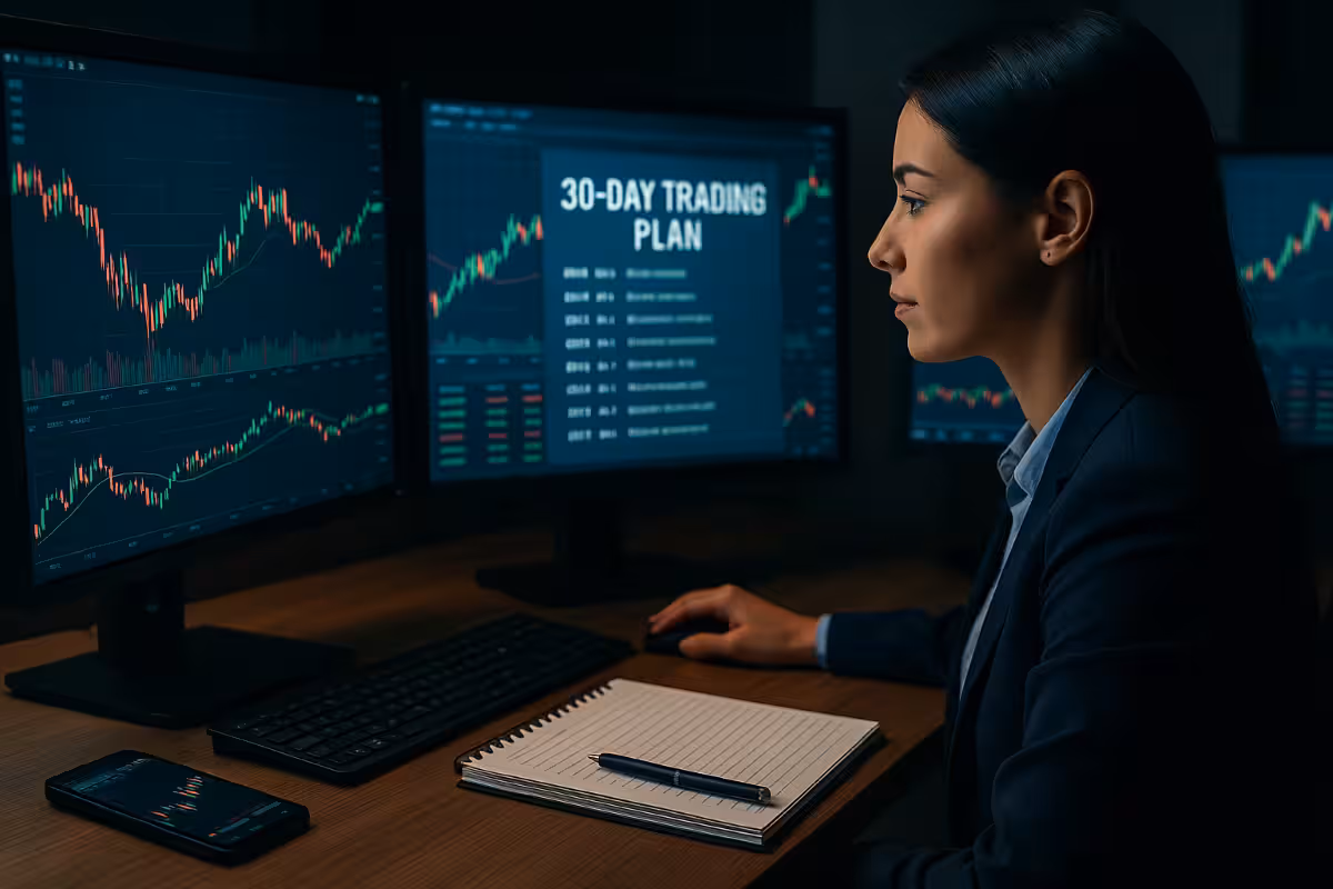 Photorealistic image of a focused female trader analyzing financial charts and a 30-day trading plan on multiple monitors, symbolizing discipline, learning, and options trading practice.