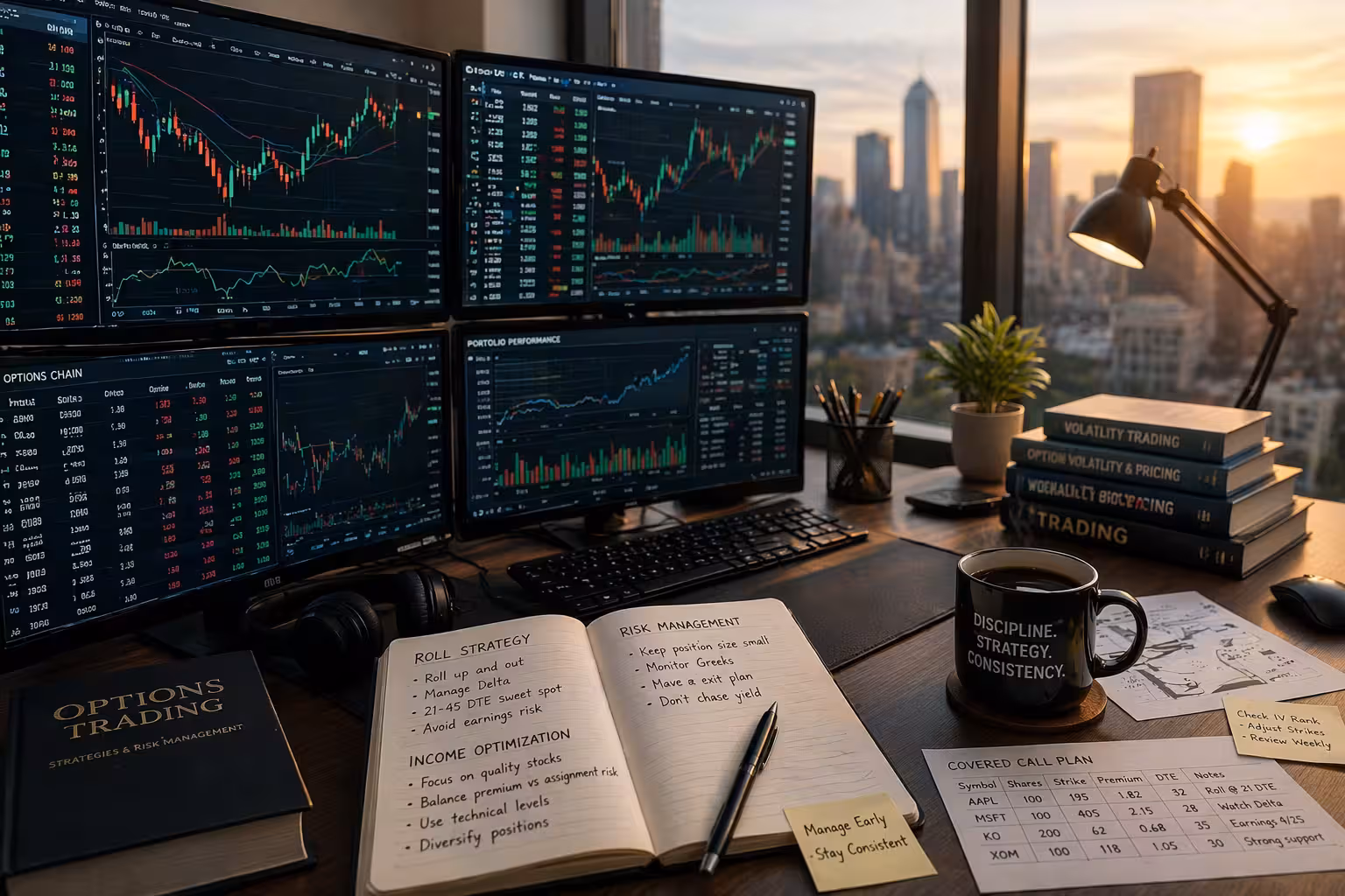 Advanced covered call strategy setup with multiple trading screens, options charts, and detailed notes for income optimization