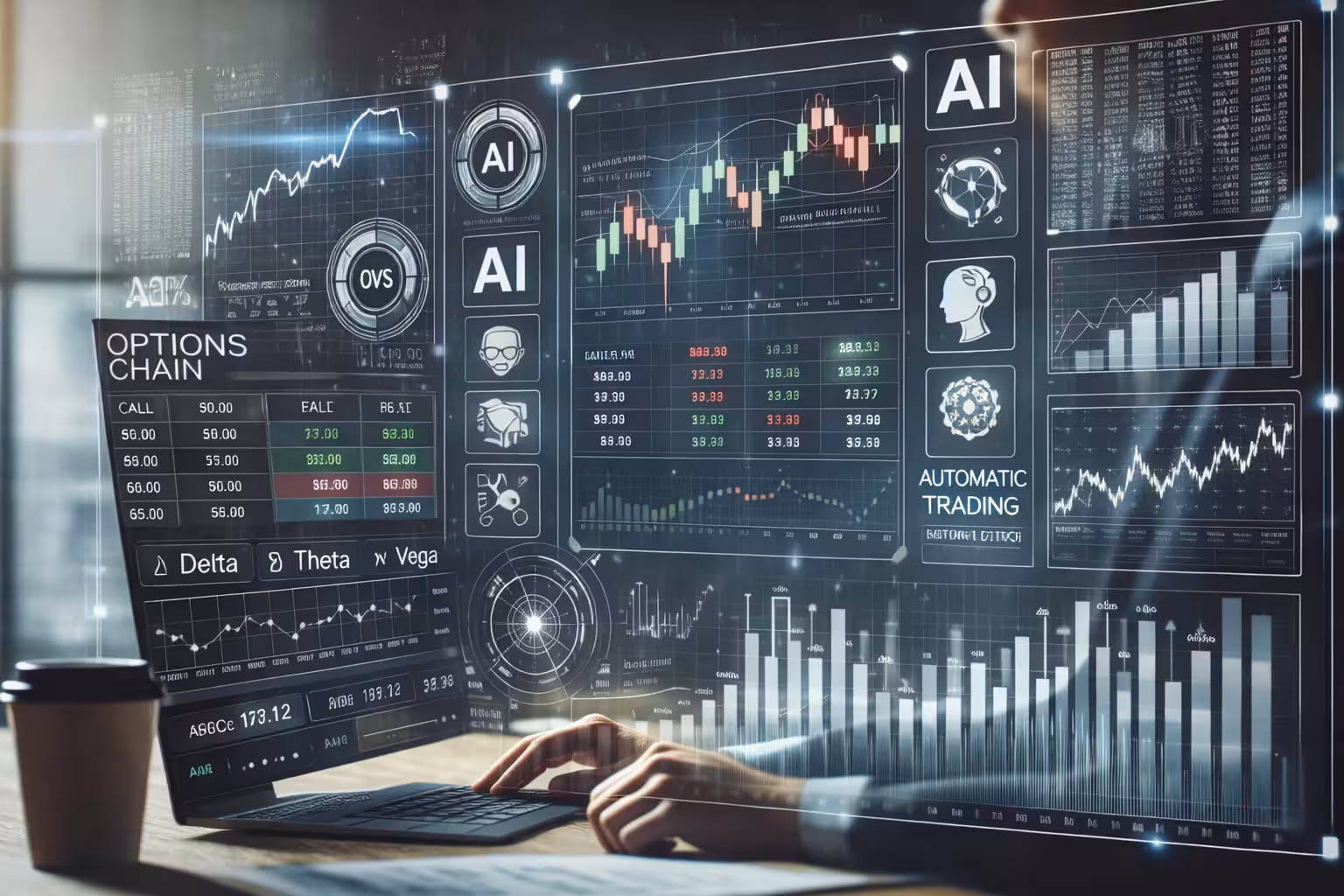 Modern options trading technology dashboard with AI analytics, options chain data, and automated trading tools displayed on digital screens.