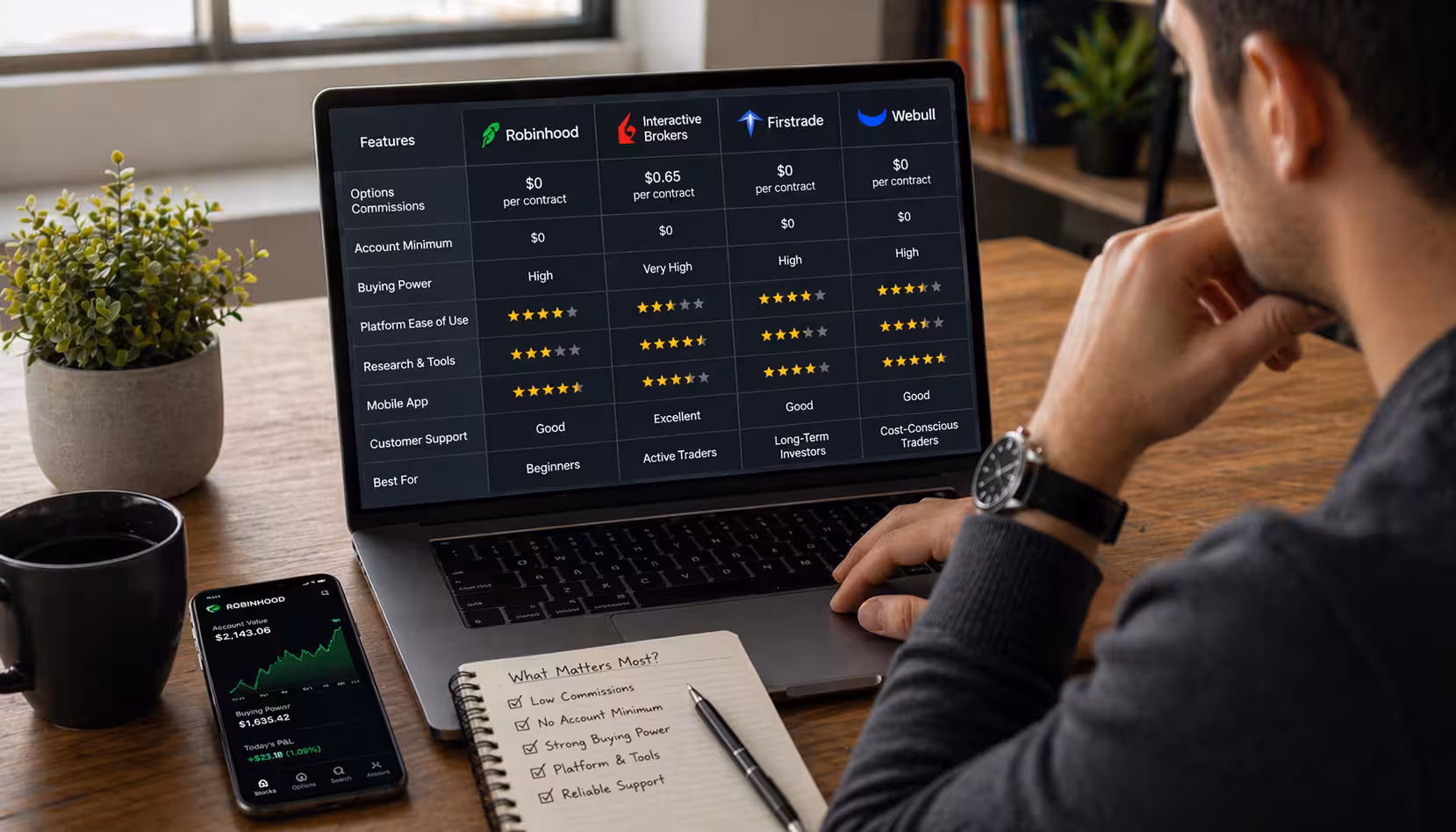 Person comparing online brokerage platforms on a laptop, showing Robinhood, Interactive Brokers, Firstrade, and Webull with features like commissions and tools for small account options trading.
