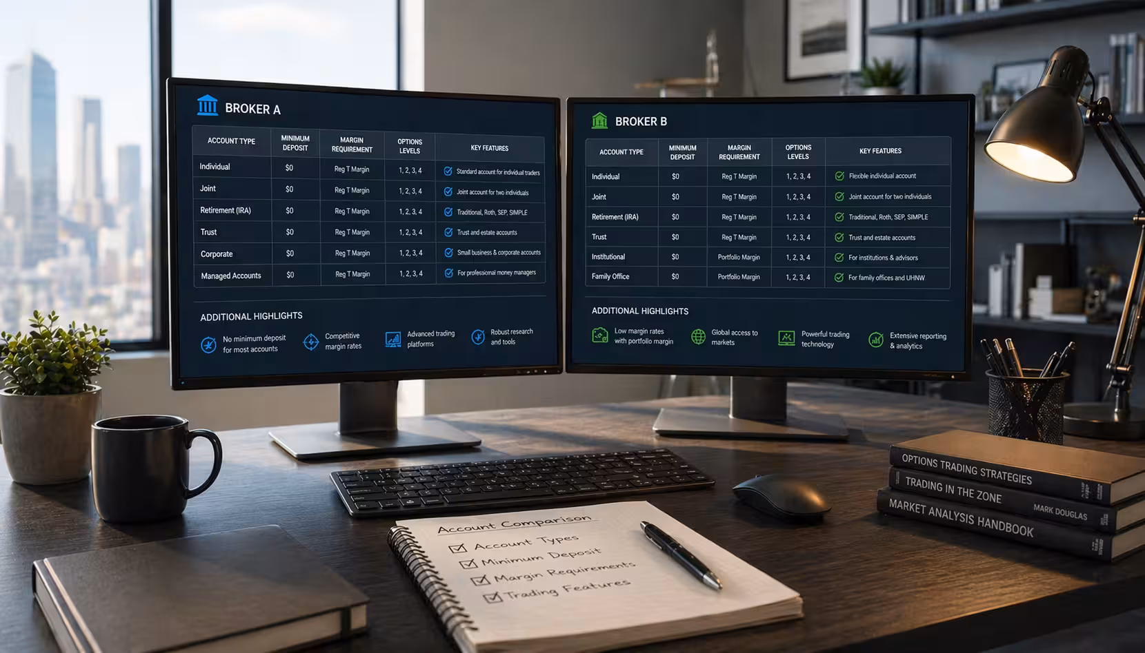 Side-by-side comparison of two generic brokerage account dashboards showing account types, minimum deposits, margin requirements, and options trading levels on dual monitors
