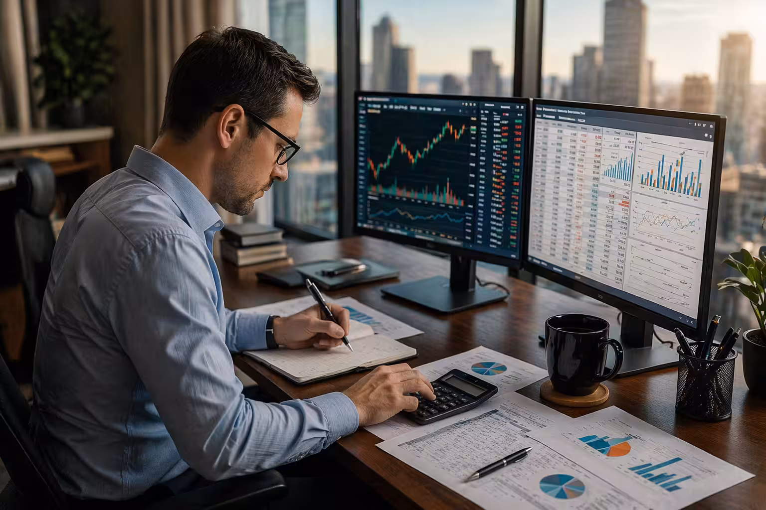 Trader calculating potential monthly income from options trading using charts, financial reports, and a calculator in a modern office.